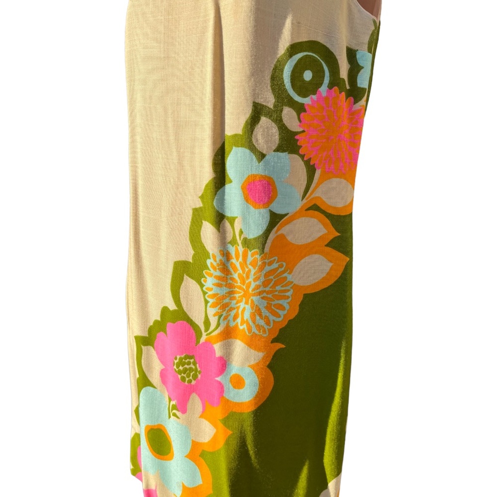 Vintage 60s Mod Floral Woven Shift Sheath Dress Tan Orange Green Pink - Picture 6 of 16
